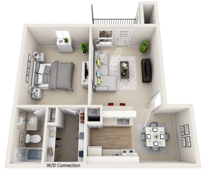 Ash floorplan at Deerbrook Apartments that has 1 bedroom, 1 bath and 607 sq. ft.