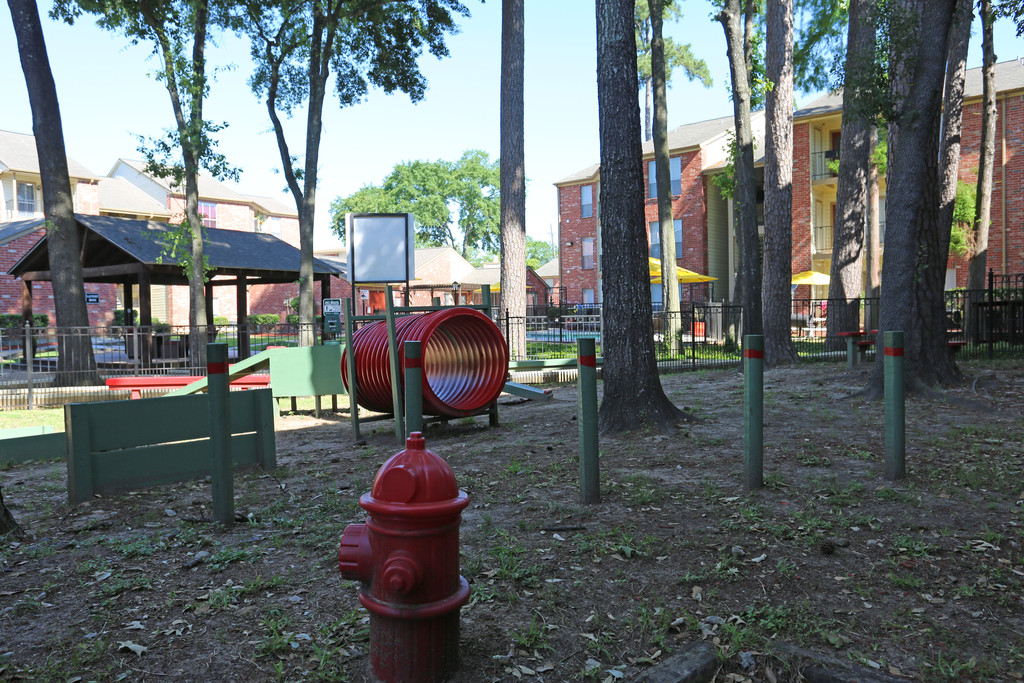 Inside the dog park at Deerbrook Apartments with a red fire hydrant, a red tunnel, and green slides and obstacles for dogs to play.