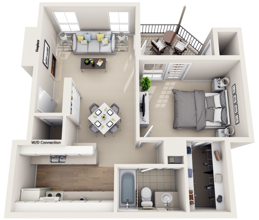 Magnolia floorplan at Deerbrook Apartments that has 1 bedroom, 1 bath and 708 sq. ft.