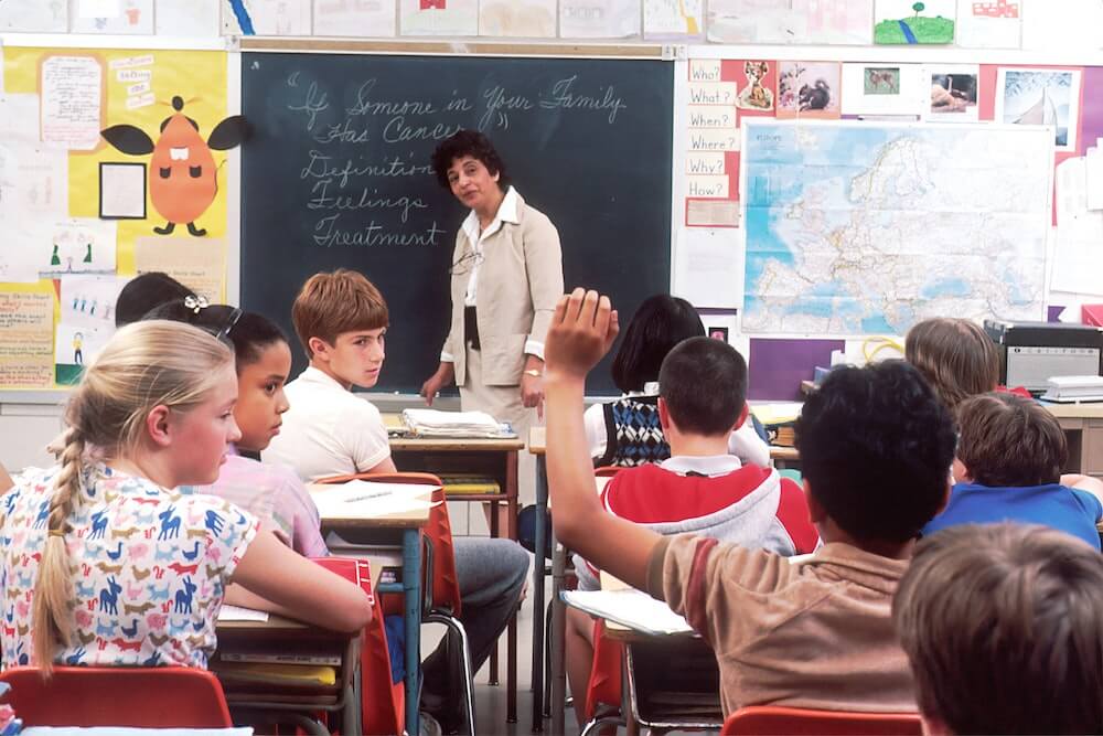 A classroom full of students and a teacher in front of a chalkboard.