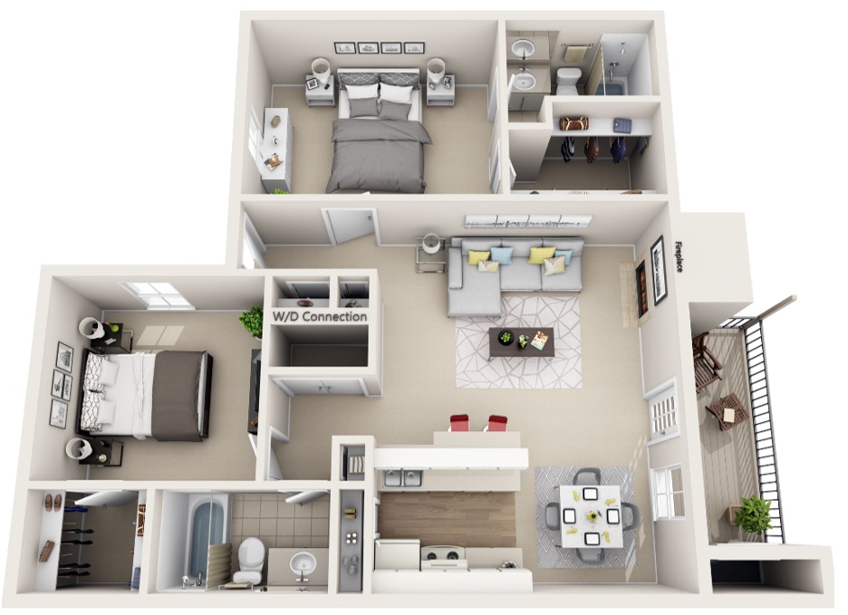 Elm floorplan at Deerbrook Apartments that has 2 bedrooms, 2 bath and 1012 sq. ft.