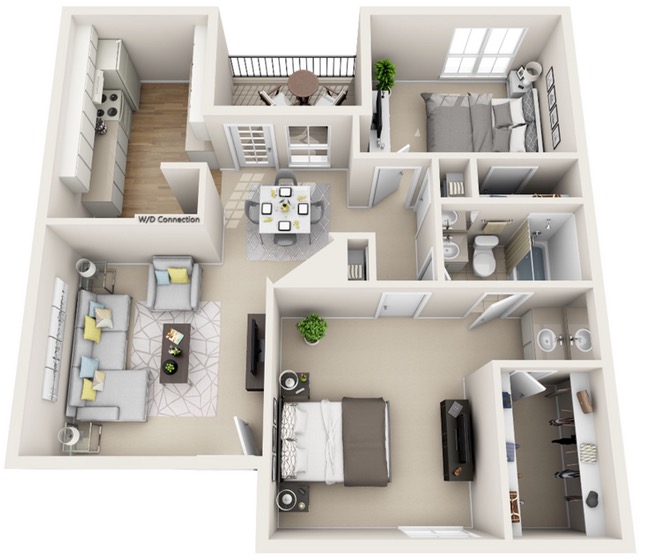 Oak floorplan at Deerbrook Apartments that has 2 bedrooms, 1 bath and 876 sq. ft.